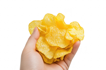 A hand holding a generous handful of crispy. golden potato chips against a clean. white background. ideal for snack advertisements or culinary publications