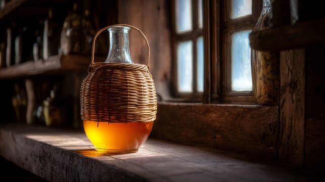 demijohn. Glass demijohn with wicker wrapping on wooden shelf, containing amber liquid in natural light. bar promotions, beverage menus, designed for food & beverage menus and cafe branding.

