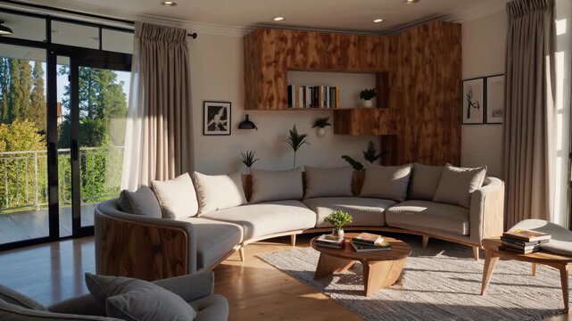 Modern living room with natural light, featuring a wooden theme and neutral tones. Wide-angle shot ideal for a home decor video.