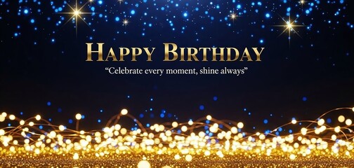 Happy birthday greeting card with golden text, sparkling lights, and blue bokeh on a dark background, perfect for celebrations and festive occasions