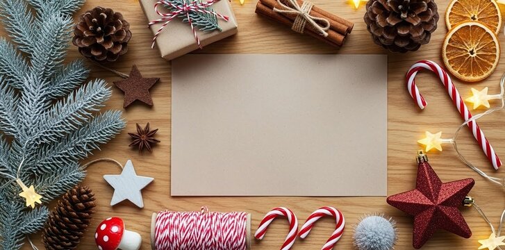 Christmas flat lay with blank card surrounded by festive decorations, pine branches, candy canes, and string lights on a rustic wooden background