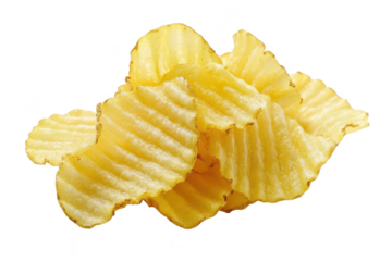 A close-up view of a pile of golden. ridged potato chips arranged artistically on a clean white background. highlighting their texture and color. ideal for food-related content