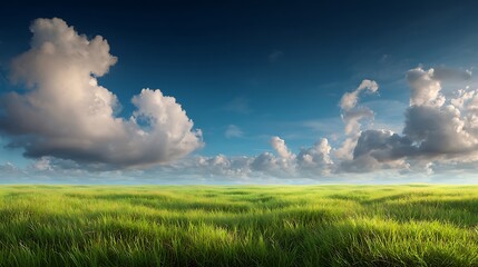 Vast green meadow under a bright blue sky with fluffy white clouds, showcasing a serene natural landscape