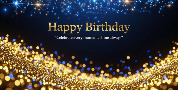 Happy birthday greeting card with golden and blue sparkling bokeh lights on a dark background