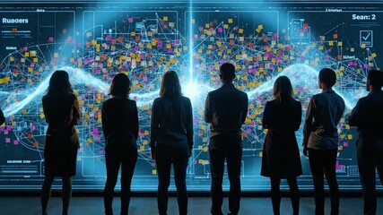 Diverse professional team observing a luminous big data visualization on a large screen, showcasing complex network analytics, AI, and information ... - Powered by Adobe