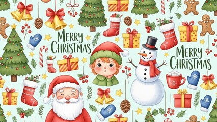 Watercolor christmas seamless pattern with santa claus, snowman, elf, trees, gifts, stockings, bells, gingerbread, and merry christmas text