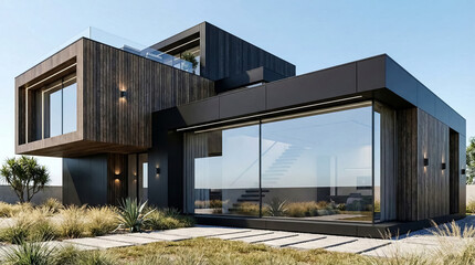Obraz premium Contemporary Box-Style Villa with Wooden Accents and Panoramic Glass Panels