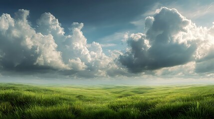 A tranquil and expansive green meadow stretches to the horizon under a magnificent, cloud-filled sky, evoking a sense of peace and natural grandeur