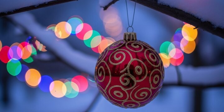Red christmas ornament with golden swirl patterns, hanging against a blurred background of colorful festive lights, creating a warm and celebratory holiday atmosphere