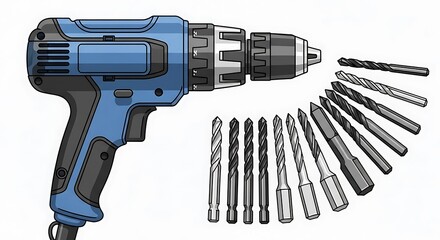 Blue Cordless Power Drill with Assorted Drill Bits Set.