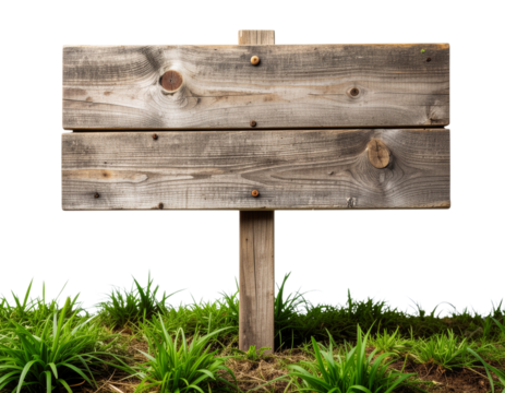 Vintage Wooden Grass Sign with Empty Display Board, Isolated PNG. - Powered by Adobe