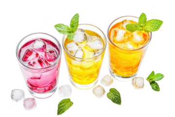 A display of three refreshing drinks in clear glasses. featuring pink. yellow. and orange colors. garnished with mint leaves. set against a clean white background. ideal for beverage advertising