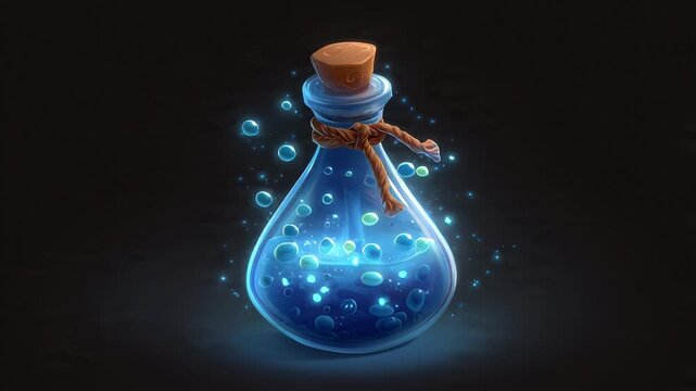 Magical blue potion bottle with glowing bubbles on dark background
