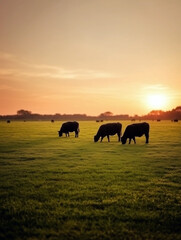 夕焼け空と牧草地の牛の群れ - 穏やかな牧場の風景のシルエット