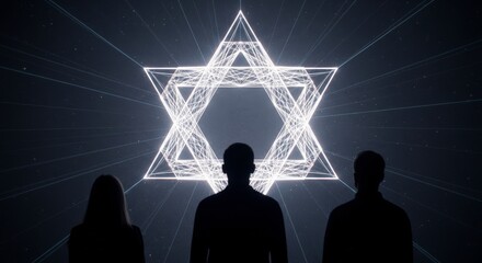 Silhouetted figures gaze at a mesmerizing glowing geometric star-shaped light symbol in a