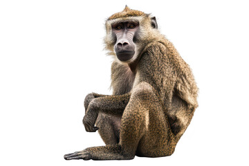 A solitary baboon sits in a relaxed pose against a white background. its expressive face and detailed fur. ideal for wildlife education or animal behavior studies