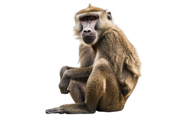 A solitary baboon sits in a relaxed pose against a white background. its expressive face and detailed fur. ideal for wildlife education or animal behavior studies