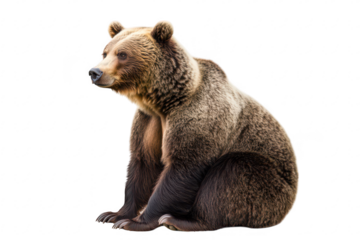 A majestic brown bear sitting calmly against a white background. its powerful physique and natural beauty. ideal for wildlife conservation themes and educational materials