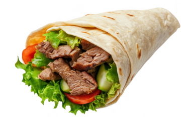 A delicious wrap filled with tender beef strips. fresh lettuce. and tomatoes. a healthy meal option perfect for quick lunches or casual dining