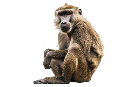 A solitary baboon sits in a relaxed pose against a white background. its expressive face and detailed fur. ideal for wildlife education or animal behavior studies