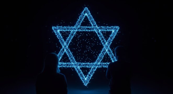 Two people observe a shimmering Star of David, symbolizing spirituality and faith against a dark