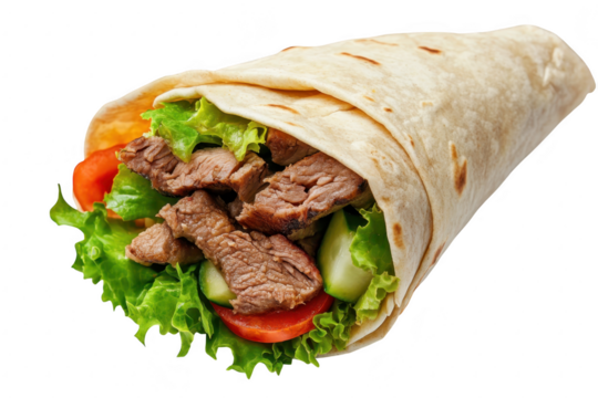 A delicious wrap filled with tender beef strips. fresh lettuce. and tomatoes. a healthy meal option perfect for quick lunches or casual dining