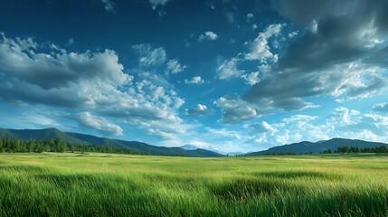 Vast Green Meadow Under a Dramatic Sky with Wispy Clouds and Distant Mountains