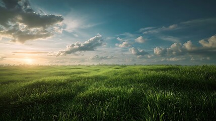 Serene grassy field under a dramatic cloudy sky at sunrise, evoking a sense of peace and natural beauty