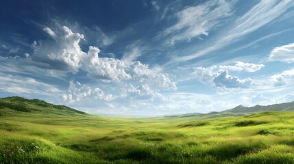 Vibrant green landscape of rolling hills and meadows beneath a vast and picturesque blue sky