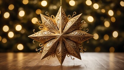 Ornate gold star Christmas ornament, detailed filigree, bokeh background, wooden surface