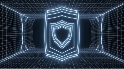 A futuristic glowing blue shield icon within a cybernetic grid tunnel, symbolizing digital security and data protection. - Powered by Adobe
