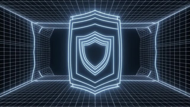 A futuristic glowing blue shield icon within a cybernetic grid tunnel, symbolizing digital security and data protection.