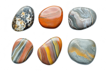 A collection of smooth. polished stones various colors and patterns. arranged artistically on a white background. ideal for use in nature-themed designs or educational materials