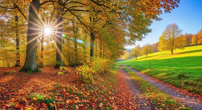 Sunlight streams through the canopy of trees in an autumn forest, illuminating a path covered with fallen orange and yellow leaves next to a vibrant green grassy field under a clear blue sky - Powered by Adobe