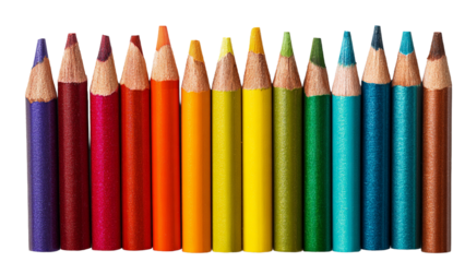 Assorted short colorful pencils in rainbow order on transparent background