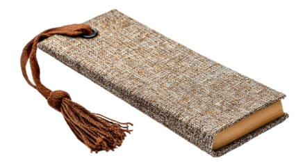 Closed book with beige fabric cover and tassel isolated on transparent back