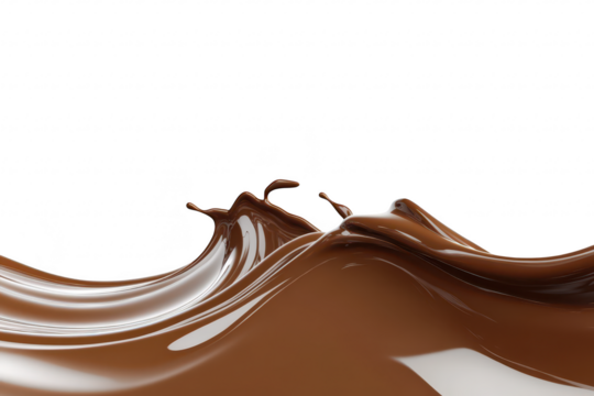 A smooth. glossy wave of rich. melted chocolate splashes upward against a clean white background. evoking a sense of indulgence and creativity. perfect for culinary or dessert-focused projects