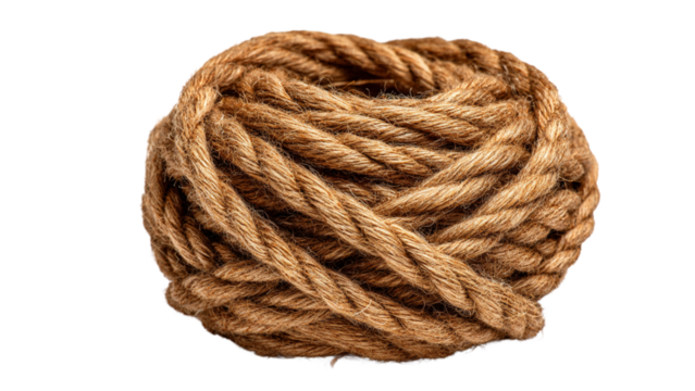 Ball of thick brown rope tightly wound close up view on transparent background