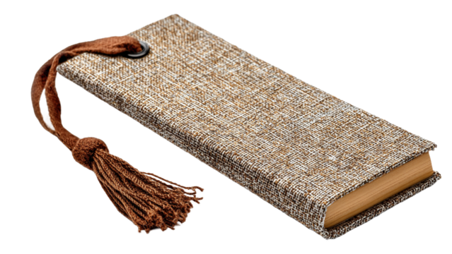 Closed book with beige fabric cover and tassel isolated on transparent back
