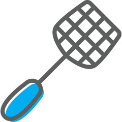 Simple Outline Drawing of a Fly Swatter with Gray Grid Head and Blue Handle Isolated on White Background