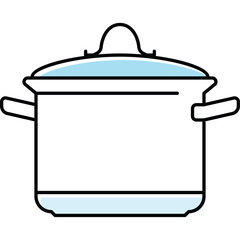 Simple Outline Drawing of a Cooking Pot with Light Blue Accents and Handles on a Transparent Background