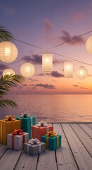 Fototapeta premium Wrapped gift boxes on a wooden pier with glowing lanterns over an ocean sunset, perfect for Christmas or New Year celebration