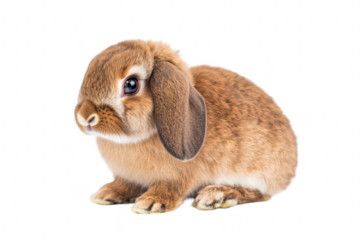 A cute. fluffy rabbit with soft brown fur sits gracefully against a clean white background. its adorable features and charm. ideal for pet-related content or nature themes