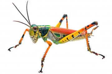 A close-up of a colorful grasshopper its intricate patterns and textures. set against a clean white background. ideal for educational and nature-related content