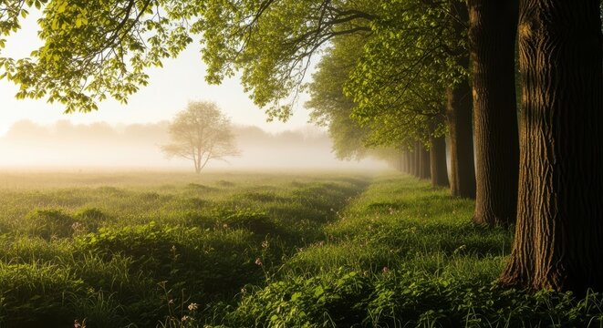 Misty morning landscape with a row of tall trees lining a path through a lush green field with a solitary tree in the distance