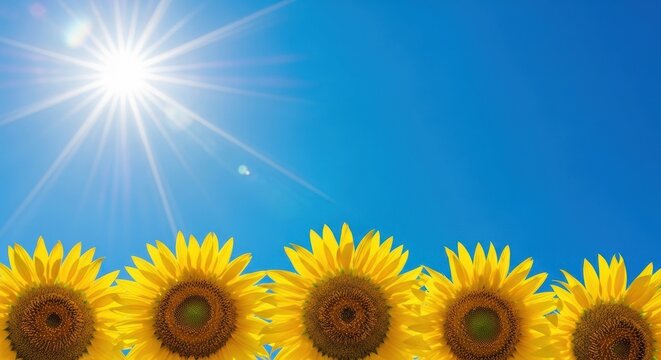 Bright summer day with a row of vibrant yellow sunflowers blooming against a clear, intense blue sky featuring a prominent, shining sun with visible rays and lens flare