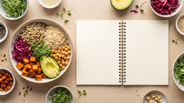 Healthy food bowl with an open notebook for recipes and meal planning