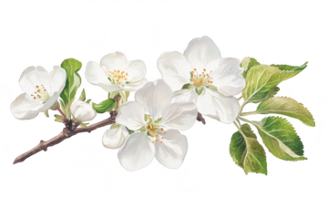 A beautifully detailed illustration of delicate white apple blossoms on a slender branch. green leaves. ideal for nature-themed projects or botanical studies