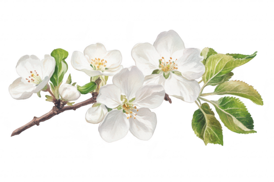 A beautifully detailed illustration of delicate white apple blossoms on a slender branch. green leaves. ideal for nature-themed projects or botanical studies