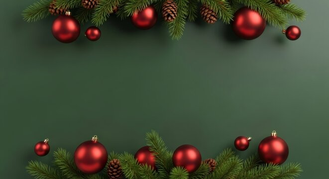 Christmas festive background decoration with red bauble, green branch and pine cone. Winter holiday season greeting card for Merry Christmas or New Year. - Powered by Adobe